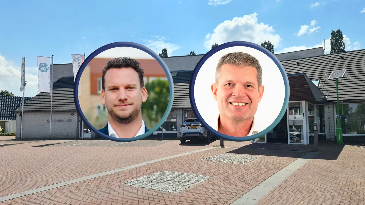Gemeentehuis van West Maas en Waal. Inzet: FD Beneden-Leeuwen-lijsttrekker Rob Reuvers (l) en VVD-lijsttrekker Erik Sweep (r).