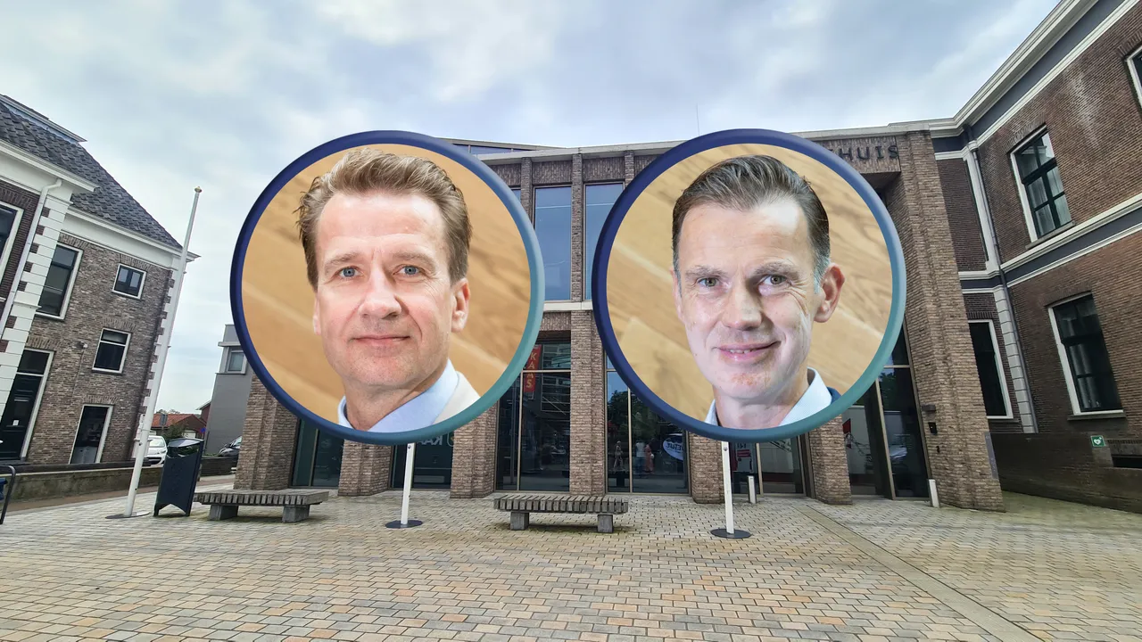 Gemeentehuis van Overbetuwe. Inzet: GBO-lijsttrekker René Post (l) en CDA-lijsttrekker Wijnte Hol (r).