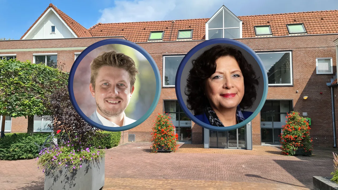 Gemeentehuis van Beuningen. Inzet: BN&M-lijsttrekker Pascal Cobussen (l) en CDA-lijsttrekker Agnes Meijer (r).