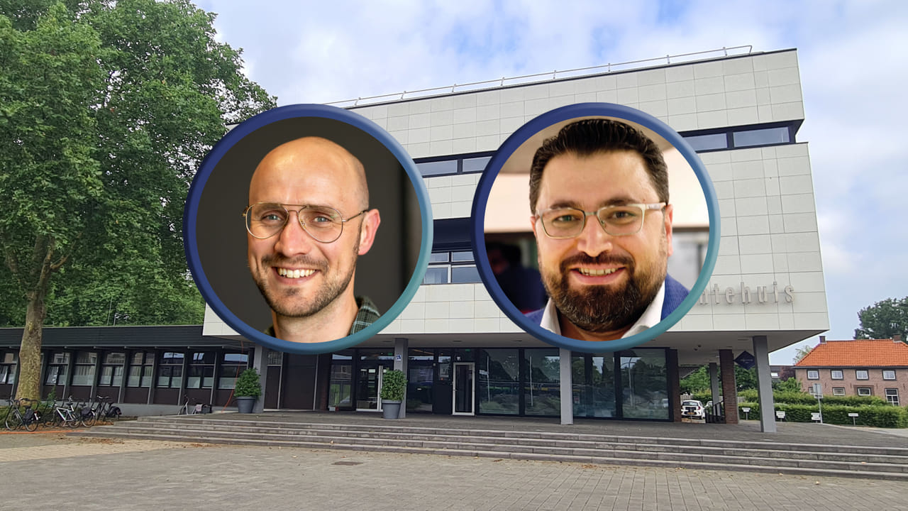 Gemeentehuis van Druten. Inzet: Kernachtig-lijsttrekker Kees Arts (l) en Welzijn-lijsttrekker Haci Murat Aslan (r).