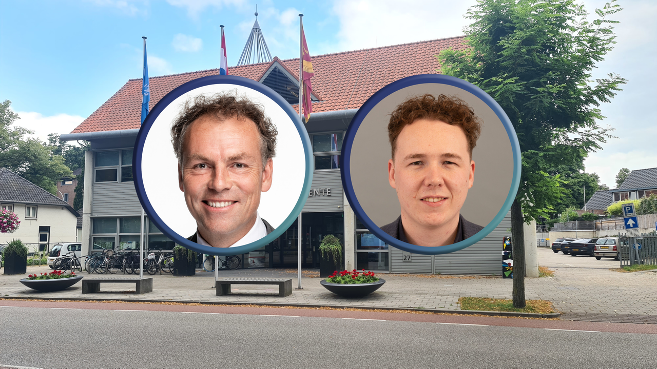 Gemeentehuis van Wijchen. Inzet: Kernachtig-lijsttrekker Geert Gerrits (l) en Hart voor Wijchen-lijsttrekker Dave Herms (r).